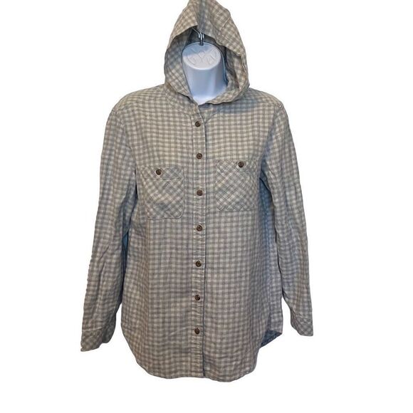 𝅺Treasure & Bond EUC Grey Cream Plaid Long Sleeve Button Down Hoodie Sz XS - Picture 1 of 7